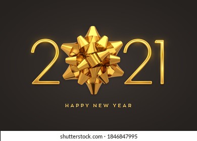 Happy New 2021 Year. Golden metallic luxury numbers 2021 with golden gift bow. Realistic sign for greeting card. Festive poster or holiday banner design. Vector illustration.