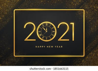 Feliz Año Nuevo 2021. Golden metallic números de lujo 2021 y ver con números romanos y cuenta atrás medianoche en un fondo brillante. El fondo reventado con brillantes. Ilustración vectorial.