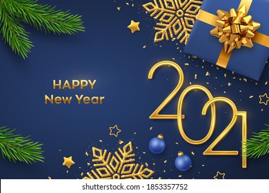 Happy New 2021 Year. Golden metallic numbers 2021 with gift box, shining snowflake, pine branches, stars, balls and confetti on blue background. New Year greeting card or banner template. Vector.