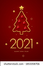 Happy New 2021 Year. Golden metallic luxury numbers 2021 with golden metallic Christmas tree, golden balls and stars. Greeting card, festive poster or holiday banner design. Vector illustration.