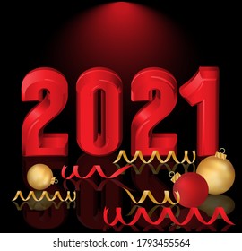 Happy New 2021 year greeting card with xmas balls, vector illustration