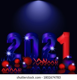 Happy New 2021 year greeting card with xmas balls, vector illustration