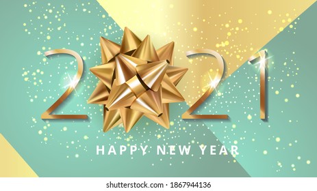 Happy New 2021 Year. Greeting card web banner or poster with happy new year 2021 with christmas bow gold glitter confetti and shine. Blue and elegant gold Luxury Vector illustration.