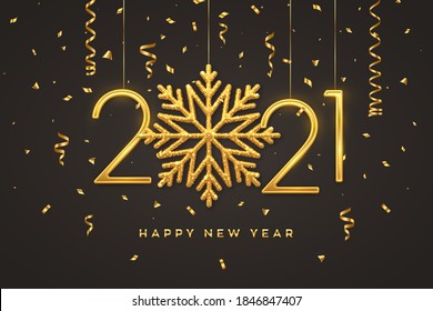 Happy New 2021 Year. Hanging Golden metallic numbers 2021 with shining snowflake and confetti on black background. New Year greeting card or banner template. Holiday decoration. Vector illustration.