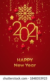 Happy New 2021 Year. Hanging Golden metallic numbers 2021 with shining snowflake, 3D metallic stars, balls and confetti on red background. New Year greeting card or banner template. Vector.