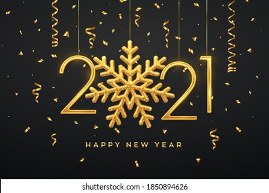 Happy New 2021 Year. Hanging Golden metallic numbers 2021 with shining snowflake and confetti on black background. New Year greeting card or banner template. Holiday decoration. Vector illustration.