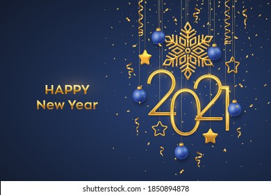 Happy New 2021 Year. Hanging Golden metallic numbers 2021 with shining snowflake, 3D metallic stars, balls and confetti on blue background. New Year greeting card or banner template. Vector.