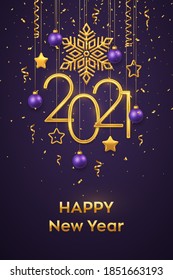 Happy New 2021 Year. Hanging Golden metallic numbers 2021 with shining snowflake, 3D metallic stars, balls and confetti on purple background. New Year greeting card or banner template. Vector.