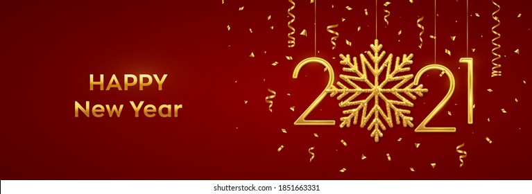 Happy New 2021 Year. Hanging Golden metallic numbers 2021 with shining snowflake and confetti on red background. New Year greeting card or banner template. Holiday decoration. Vector illustration.