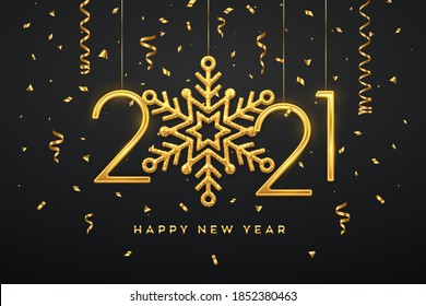 Happy New 2021 Year. Hanging Golden metallic numbers 2021 with shining snowflake and confetti on black background. New Year greeting card or banner template. Holiday decoration. Vector illustration.