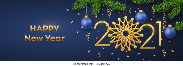 Happy New 2021 Year. Hanging Golden metallic numbers 2021 with snowflake, balls, pine branches and confetti on blue background. New Year greeting card or banner template. Holiday decoration. Vector.