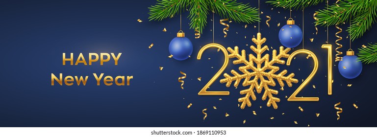 Happy New 2021 Year. Hanging Golden metallic numbers 2021 with snowflake, balls, pine branches and confetti on blue background. New Year greeting card or banner template. Holiday decoration. Vector.