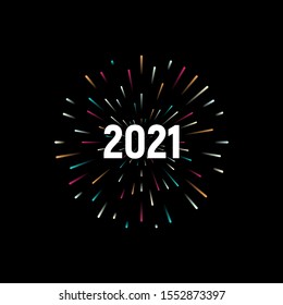 Happy New 2021 Year. Holiday vector illustration with festive typographic composition. New Year 2021 Label With Graphic Multicolored Firework Shape. Happy NYE Logo Design