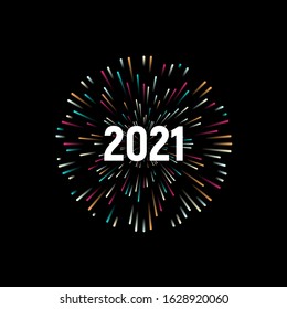 Happy New 2021 Year. Holiday vector illustration with festive typographic composition. New Year 2021 Label With Graphic Multicolored Firework Shape. Happy NYE Logo Design