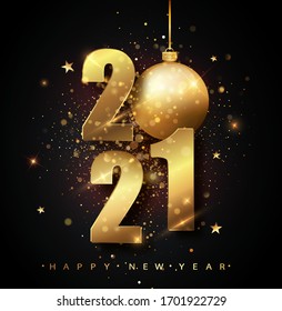 Happy New 2021 Year. Holiday vector illustration of golden metallic numbers 2021. Gold Numbers Design of greeting card of Falling Shiny Confetti. New Year and Christmas posters