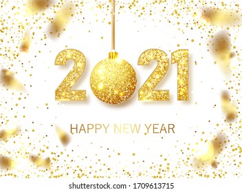 Happy New 2021 Year. Holiday vector illustration of golden metallic numbers 2021. Realistic gold vector sign. Festive poster or banner design. Vector illustration EPS 10