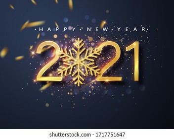 Happy New 2021 Year. Holiday vector illustration of golden metallic numbers 2021 and sparkling glitters pattern. Holiday greetings.