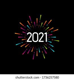 Happy New 2021 Year. Holiday vector illustration with festive typographic composition. New Year 2021 Label With Graphic Multicolored Firework Shape. Happy NYE Logo Design