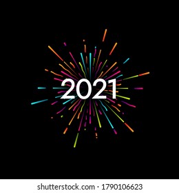 Happy New 2021 Year. Holiday vector illustration with festive typographic composition. New Year 2021 Label With Graphic Multicolored Firework Shape. Happy NYE Logo Design