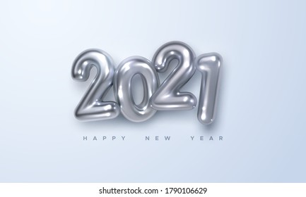 Happy New 2021 Year. Holiday vector illustration of silver metallic numbers 2021. Realistic 3d sign. Festive poster or banner design