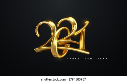 Happy New 2021 Year. Holiday vector illustration of golden metallic calligraphic numbers 2021. Realistic 3d sign. Festive poster or banner design. Modern lettering composition