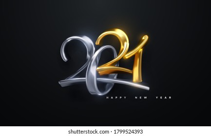 Happy New 2021 Year. Holiday vector illustration of golden and silver metallic calligraphic numbers 2021. Realistic 3d sign. Festive poster or banner design. Modern lettering composition. Jewelry logo