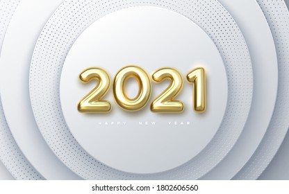 Happy New 2021 Year. Holiday vector illustration of golden metallic numbers 2021. Realistic 3d sign on white paper cut background. Festive poster or banner design