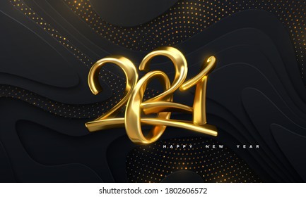 Happy New 2021 Year. Holiday vector illustration of golden calligraphic numbers 2021. Realistic 3d sign. Festive poster or banner design. Modern lettering on wavy papercut background with glitters.