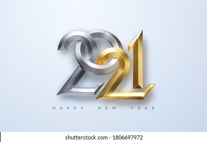 Happy New 2021 Year. Holiday vector illustration of golden and silver metallic calligraphic numbers 2021. Realistic 3d sign. Festive poster or banner design. Modern lettering composition