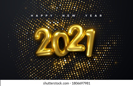 Happy New 2021 Year. Holiday vector illustration of golden metallic numbers 2021 and glittering halftone pattern. Realistic 3d sign. Festive poster or banner design