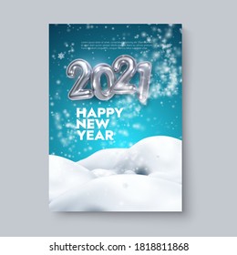 Happy New 2021 Year. Holiday blue poster template or festive party invitation design. Vector illustration. Winter decoration with silver numbers, blizzard, snowflakes and snowdrifts