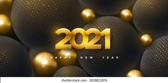 Happy New 2021 Year. Holiday vector illustration of golden numbers 2021 and abstract black balls or bubbles. 3d sign. Festive poster or banner design. Party invitation