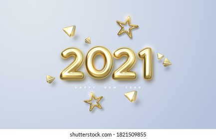 Happy New 2021 Year. Holiday vector illustration of golden metallic numbers 2021 and ornamental shapes. Realistic 3d sign. Festive poster or banner design