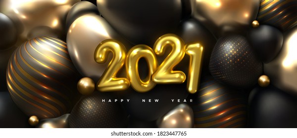 Happy New 2021 Year. Holiday vector illustration of golden 3d numbers 2021 and abstract shimmering balls or bubbles. 3d sign. Festive poster or banner design. Party invitation