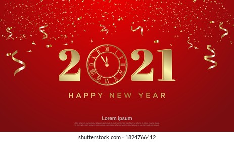 Happy New 2021 Year. Holiday vector illustration of Golden numbers 2021 with watch.