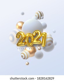 Happy New 2021 Year. Holiday vector illustration of golden metallic numbers 2021 and abstract balls or bubbles. Realistic 3d sign. Festive poster or banner design. Party invitation