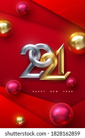 Happy New 2021 Year. Holiday vector illustration of golden metallic numbers 2021 with christmas balls. Realistic 3d sign. Red papercut background. Festive poster or template design