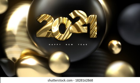 Happy New 2021 Year. Holiday vector illustration of golden metallic numbers 2021. Black and gold bubbles. Realistic 3d sign. Festive poster or banner design