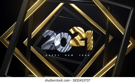 Happy New 2021 Year. Holiday vector illustration of silver and golden metallic numbers 2021 and geometric frame. Realistic 3d sign. Festive poster or banner design