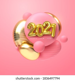 Happy New 2021 Year. Holiday vector illustration of golden 3d numbers 2021 and abstract pink and gold balls or bubbles. 3d sign. Festive poster or banner design. Party invitation