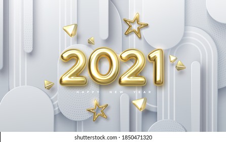 Happy New 2021 Year. Holiday vector illustration of golden metallic numbers 2021 and ornamental shapes on white paper cut background. Realistic 3d sign. Festive poster or banner design