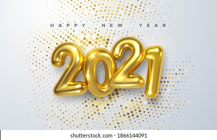 Happy New 2021 Year. Holiday vector illustration of golden metallic numbers 2021 and sparkling glitters pattern. Realistic 3d sign. Festive poster or banner design - Shutterstock ID 1866144091