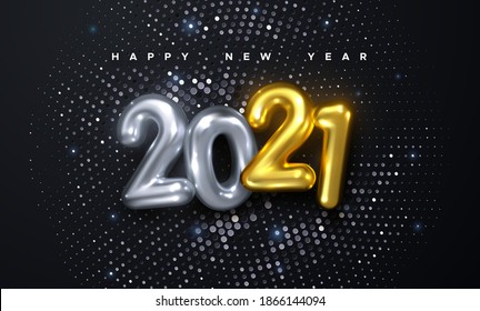 Happy New 2021 Year. Holiday vector illustration of golden and silver metallic numbers 2021 and glittering halftone pattern. Realistic 3d sign with sparkling strass. Festive poster or banner design