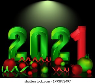 Happy New 2021 year invitation card with xmas balls, vector illustration