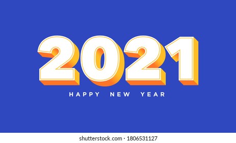 Happy New 2021 Year. Isometric number 2021 with white yellow orange colors, bold digits in 3d style on the blue background. Greeting card, Festive poster and banner. Vector illustration