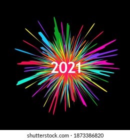 Happy New 2021 Year logo icon sign Holiday vector illustration with festive typographic composition Multicolored firework sparkle splash shape Hand drawn Children's style print clothes card poster