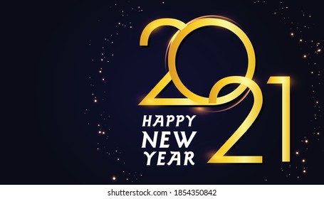 Happy new 2021 year. Luxury elegant gold text with light. Minimalist template. Cover of business diary for with wishes. Brochure design template, poster, banner. Vector isolated on blue background.