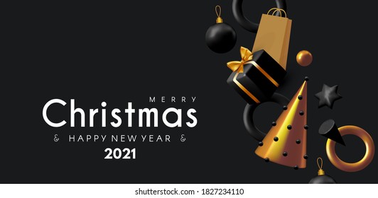 Happy New 2021 Year and Merry Christmas banner. 3D Xmas design with fir tree and gifts. Elegant black and gold render. Realistic party poster.