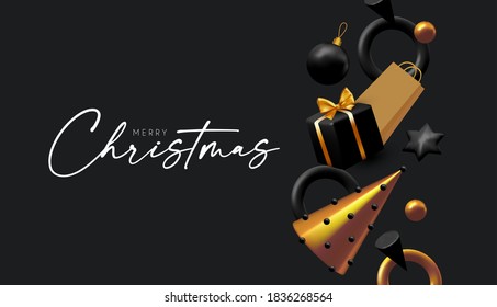 Happy New 2021 Year and Merry Christmas banner. 3D Xmas design with fir tree and gifts. Elegant black and gold render. Realistic party poster.