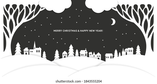 Happy new 2021 year and Merry Christmas - Black and white horizonta banner, Greeting card. Whimsical tree branches  silhouette.